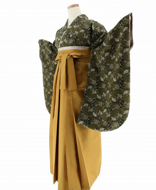 卒業式着物[ジャガード生地]ブロカントカーキにベージュの花の総柄No.801